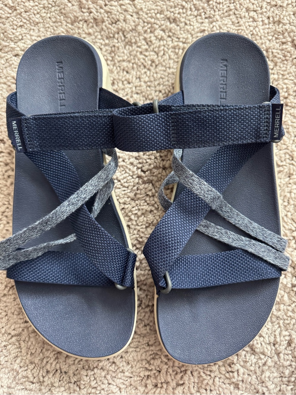 Merrell Navy and Light Gray Cross-Strap Slide Sandals